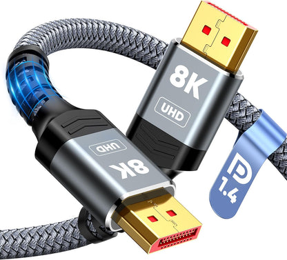 8K Displayport Cable 1.4, VESA Certified 6.6FT DP Cord (8K@60Hz, 4K@144Hz, 2K@240Hz), 32.4Gbps Display Port Cable for Gaming Monitor, Graphic, PC, HDR/HDCP 2.2/Freesync/G-Sync, Braided, Grey