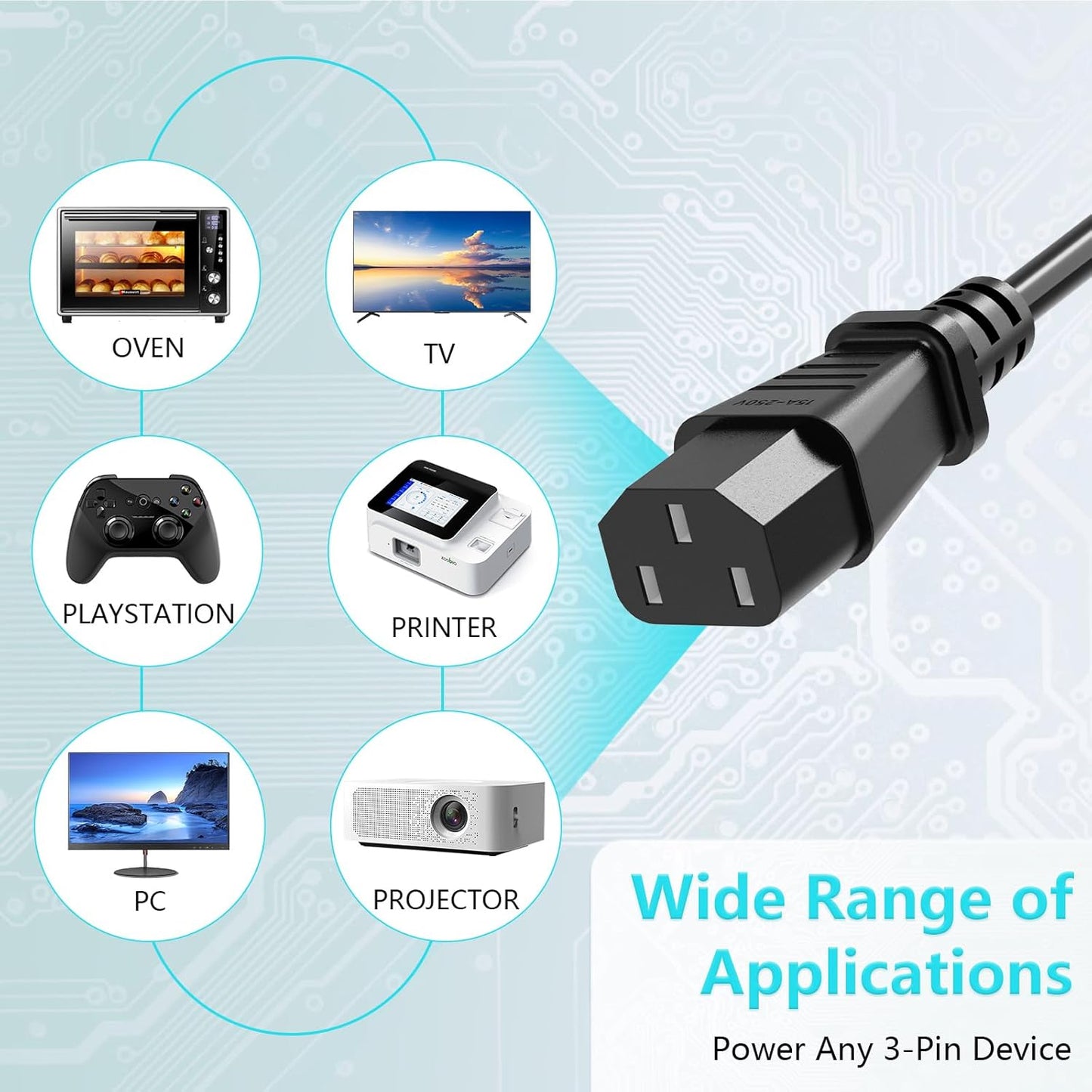 18 AWG Power Cable NEMA 5-15P to IEC320C13 for Computer Monitor TV Replacement 3 Prong Power Cord (10FT)
