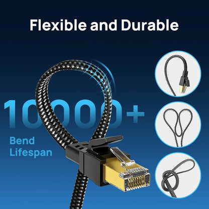 Cat 8 Ethernet Cable 15 Ft, Nylon Braided High Speed Heavy Duty Network LAN Patch Cord, 40Gbps 2000Mhz SFTP RJ45 Flat Internet Cable Shielded in Wall, Indoor&Outdoor for Modem/Router/Gaming/Pc