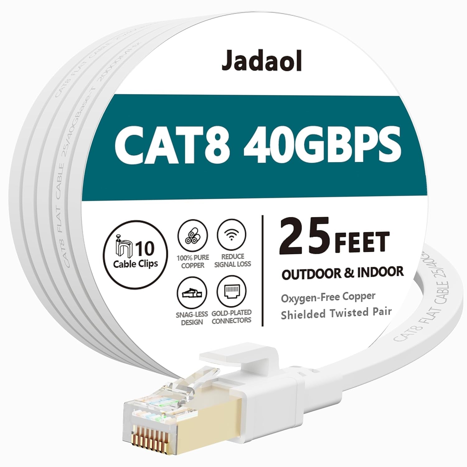 Cat 8 Ethernet Cable 25 Ft, 40Gbps 2000Mhz Flat RJ45 S/FTP LAN Patch Cable, High-Speed Cat8 Network Cable for Router, Modem, Switch, Gaming Consoles, PC, Home Network & Streaming Devices, White